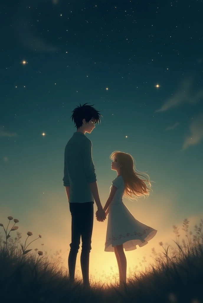 Tall and skinny young dark-haired man and a young white girl as a couple looking at the sky
