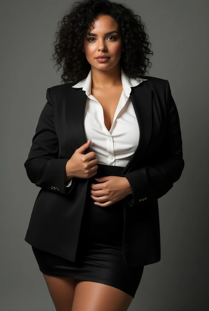  White woman with short black curly hair , voluptuous and sensual body with huge breasts ,  wearing a black blazer and white shirt and a very short and tight black skirt 