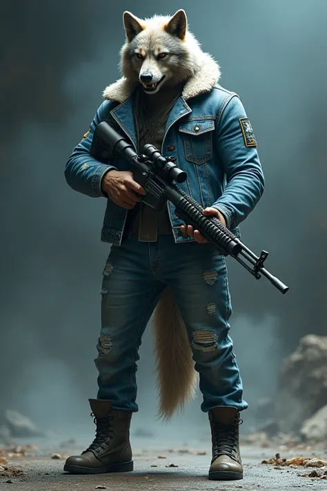 a werewolf in a trendy denim outfit, holding a sniper rifle, striking a heroic pose, dramatic lighting, cinematic, digital art, concept art, highly detailed, photorealistic, 8k, (best quality,4k,8k,highres,masterpiece:1.2),ultra-detailed,(realistic,photore...