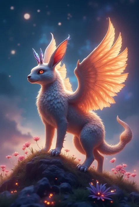 Draw a majestic legendary animal, mixing features of several mythical creatures.  It has the powerful, muscular body of a rabbit with fur that shines like gold under moonlight. Its paws are covered in silver dragon scales, and their claws are long and shar...