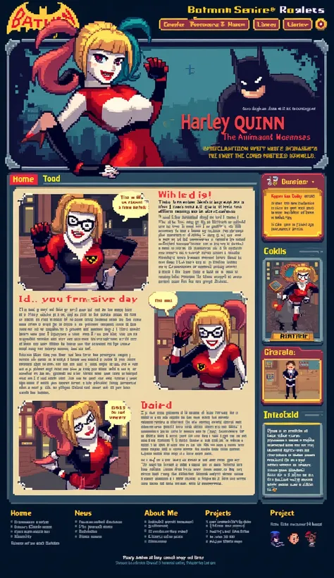 The webpage is a collage of pixelated graphics and text inspired by "Batman: The Animated Series". A large banner features a pixel-perfect Harley Quinn image. Pixelated elements create an energetic atmosphere.

Content is divided into sections using HTML tables. Menu options include "Home", "News", "About Me", and "Projects", presented in chunky pixelated buttons. Margins contain pixel art references to Gotham City locations and objects.

Pixelated images of Harley Quinn in various poses are featured throughout, capturing her character design from the show. Quotes and proclamations are written in pixelated comic book-style speech bubbles.

The overall impression is a lovingly crafted, retro-inspired fan project true to the series' style.