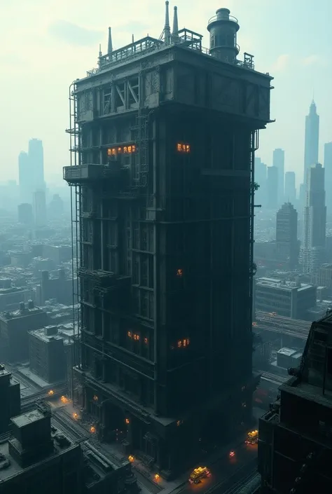 an apartment building in the style of midgar city with a cityscape in the background