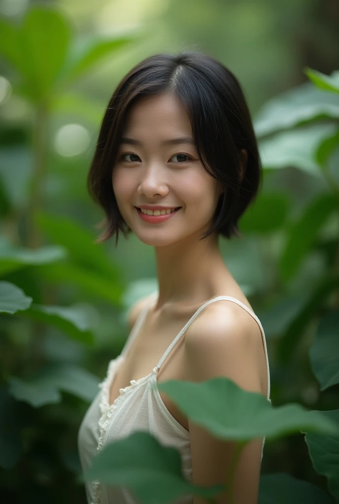 Short haired thai woman smiling beautiful standing in the middle of nature sexy sharp portrait realistic