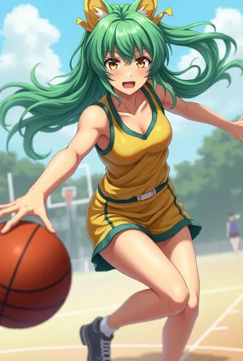 Anime girl, C.C , long green hair, yellow eyes, playing basketball, دقة عالية, عمل رائع, تفاصيل عالية, 