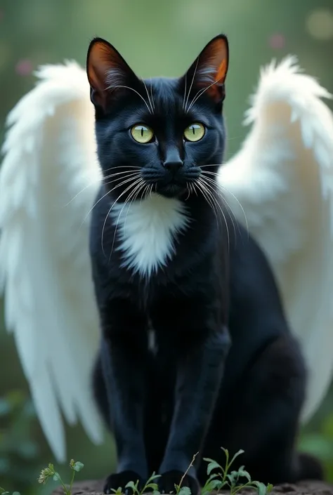 A beautiful black cat with white breasts and greenish eyes that has white angel wings