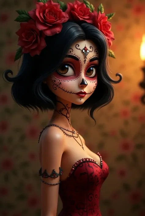 pixar design, pretty woman, Catrina makeup, brown eyes, Dia de muertos background, black bob hair, sexy dress, día de muertos background 