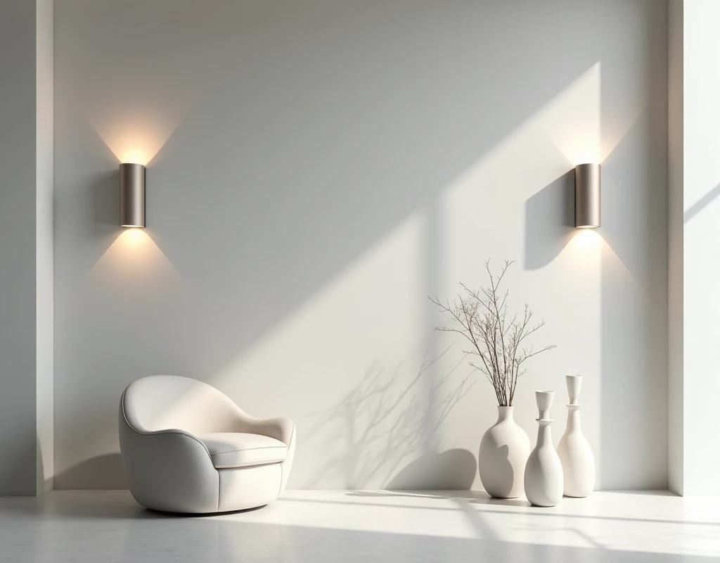  A matte and symmetrical wall in a modern environment ,  with two indirect lighting lamps on each side , projecting soft light .  The wall is light gray ,  with an environment decorated in an elegant and minimalist way ,  including contemporary furniture a...