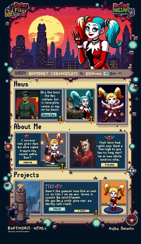 The webpage is a collage of pixelated graphics and text inspired by "Batman: The Animated Series". A large banner features a pixel-perfect Harley Quinn image. Pixelated elements create an energetic atmosphere.

Content is divided into sections using HTML tables. Menu options include "Home", "News", "About Me", and "Projects", presented in chunky pixelated buttons. Margins contain pixel art references to Gotham City locations and objects.

Pixelated images of Harley Quinn in various poses are featured throughout, capturing her character design from the show. Quotes and proclamations are written in pixelated comic book-style speech bubbles.

The overall impression is a lovingly crafted, retro-inspired fan project true to the series' style.
