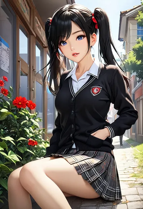 (masterpiece,beautiful,hughres,CG,8k,16k,Best Quality,high-resolution,Fine fingers, detailed needles ,Detailed legs,Detailed eyes:1.7),(From below:1.6),( Cowboy Shots ,Focus on the groin:1.5), 1 girl,(School uniform,Black cardigan, white shirt, Plaid Skirt...