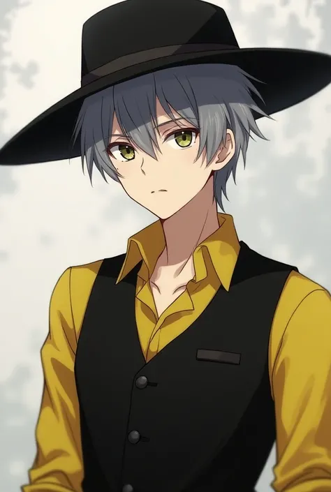 An anime guy wearing a black hat and vest with a yellow shirt and his hair full of gray hair 