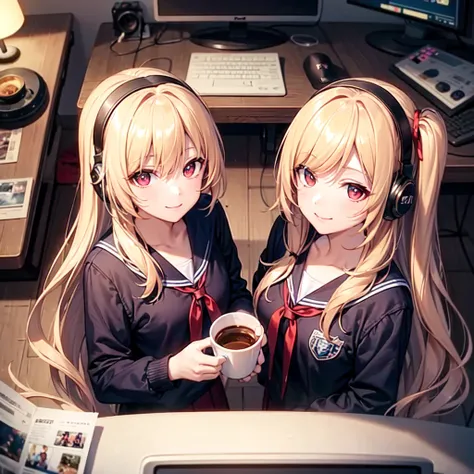 "An illustration of a person streaming a video game while drinking coffee. The character is sitting at a desk with a gaming setup, including a computer monitor displaying the game, a microphone, and a headset. They are holding a cup of coffee in one hand w...