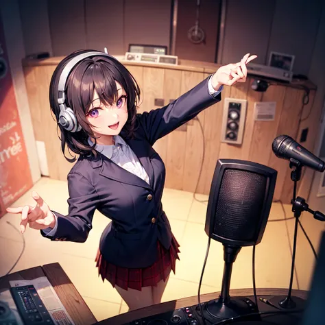 "A character in the style of a radio DJ is speaking inside a radio booth. The scene shows a cozy and modern radio studio with warm lighting, featuring a microphone, headphones, and soundboard on a wooden desk. The DJ has an energetic and friendly expressio...