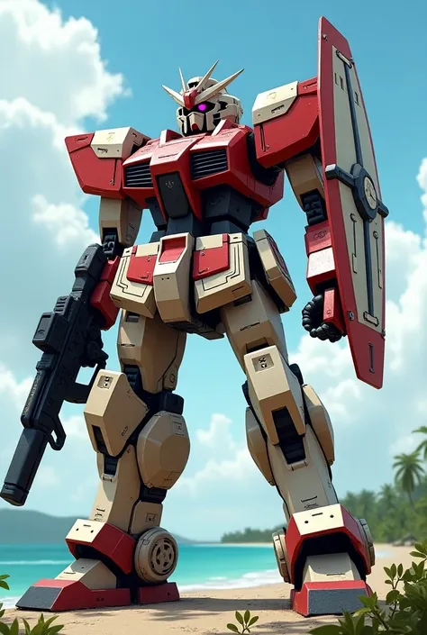 Cocrico mecha, shield in red, white and black color scheme, gattleing gun, shoulder rockets, tobago background 