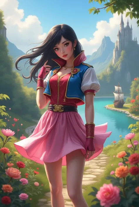 a beautiful princess wonderland valkyrie,gazing at viewer, mitts,red blue white jacket,pink skirt,belt, puff sleeves,single clamp,fingerless mitts,black hair flow, pink mitts, dynamic pose,natta,plein-air,citys, garden flowers around(volumetric lighting), ...