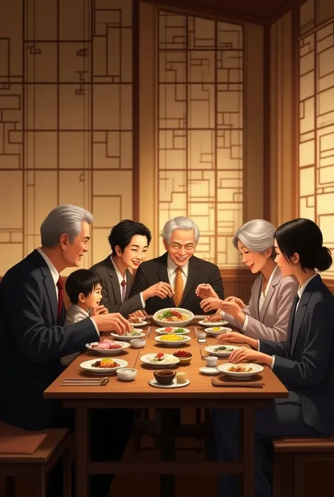 Happy family eating Japanese food in a very rich restaurant

