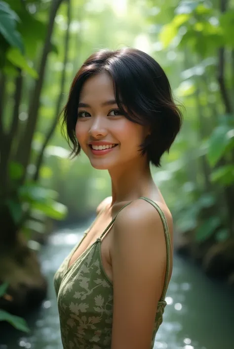 Short haired thai woman smiling beautiful standing in the middle of nature  portrait realistic