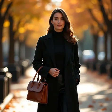 A woman with a beautiful smile in a cozy autumn look in the style of quiet luxury. Her elegant look is a cashmere black coat, an old mane sweater. She is wearing a cashmere coat and a sweater, its style emphasizes the smooth lines of the body, creating a n...