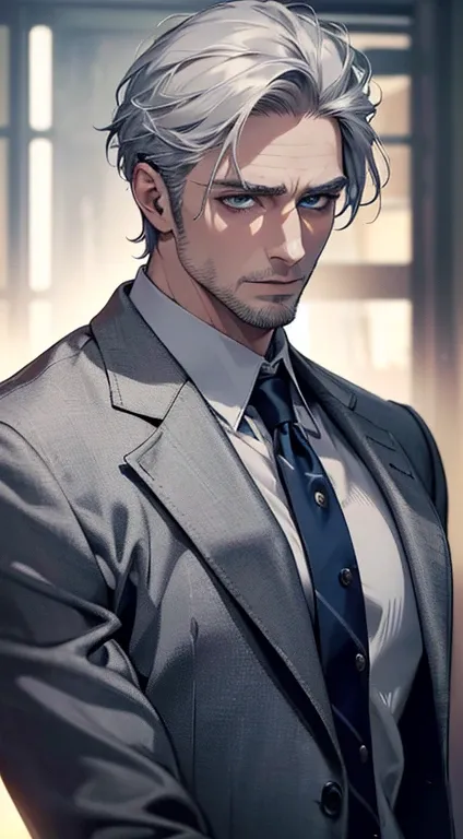 (best quality,4k,8k,highres,masterpiece:1.2),ultra-detailed,(realistic,photorealistic,photo-realistic:1.37),cinematic lighting,1:4 hdr image,a mature man, 32 years old,very handsome,cold expression,short grey white hair,blue eyes,flawless face,buttoning hi...