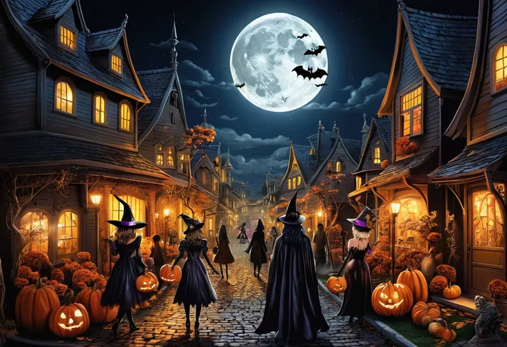 Illustration wallpaper、Halloween night town full of bimbos in costumes, 