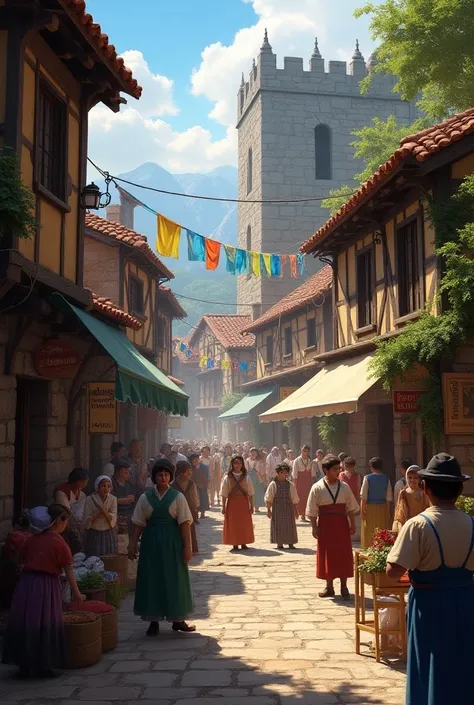 a landscape; inside a medieval town; first person view; villagers