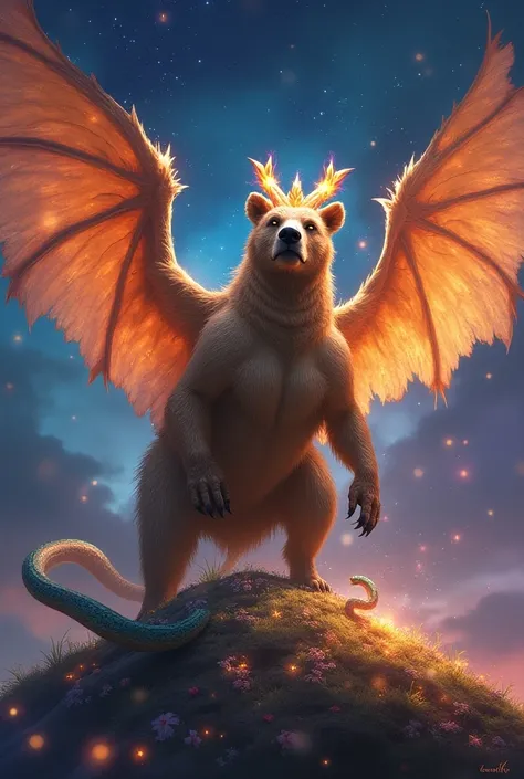 Draw a majestic legendary animal, mixing features of several mythical creatures.  It has the powerful and muscular body of a bear  ,  with fur that shines like gold under moonlight. Its paws are covered in silver dragon scales, and their claws are long and...