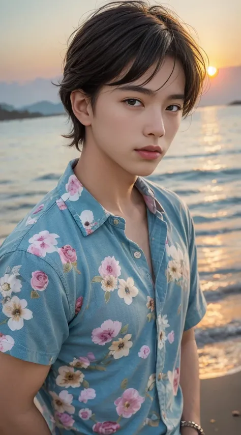 (2 Thais: 1.5), two men playing by the sea, floral shirt, beach clothes, Phuket, sunset, small fresh, realistic photo, realistic photo, textured skin, looking into the camera, 18 year old boy, studio, model, long legs