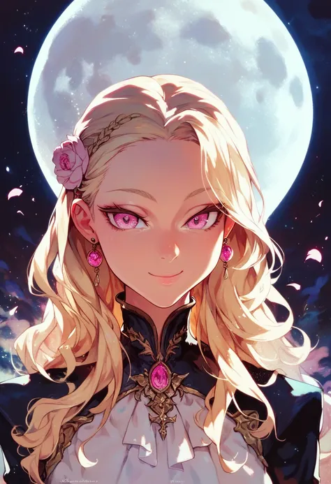 score_9, score_8_up, score_7_up, very aesthetic, 1girl, solo, blonde hair, moon, pink eyes, portrait, smile, closed mouth