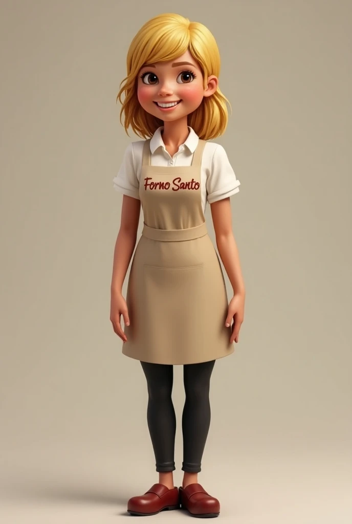  Create the image of a mascot for a pizzeria and restaurant called Forno Santo, realistic, Woman and blonde , And let it have just a simple name Forno Santo on the uniform 
