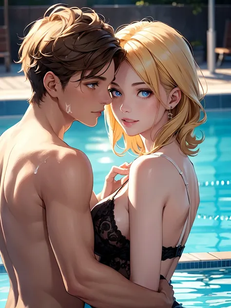 a man and woman at pool, smiling blond boy, man putting sun tan lotion on her back, beautiful detailed eyes, beautiful detailed lips, extremely detailed eyes and face, long eyelashes, romantic couple, affectionate, intimate, warm lighting, golden hour, sof...