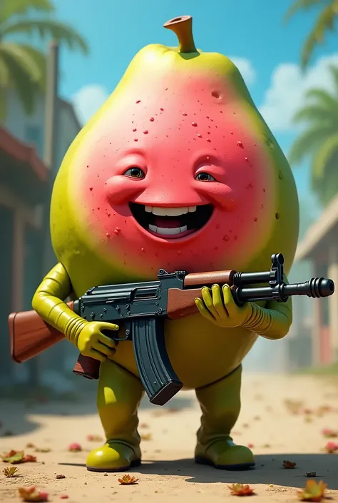 Create a visually stunning character with no facial features. Instead, the character should have a large guava for a face. The guava face should be vibrant and engaging, with its happy and smiling appearance. add arms and legs. add a AKM with the character...