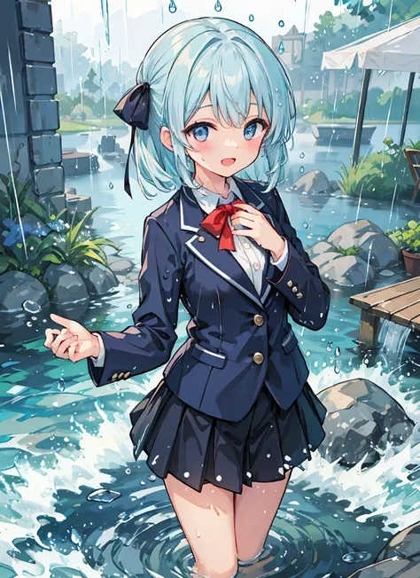 (8k、Highest quality、Masterpiece:1.2)、 super high image quality 、1 person、cute、Small breasts、High definition face、Navy Blue Blazer, White blouse、shirt、大量のrain、rain、 wet、Black underwear、ribbon、Gothic Long Skirt、Water droplets on the body、A like smile、The bes...