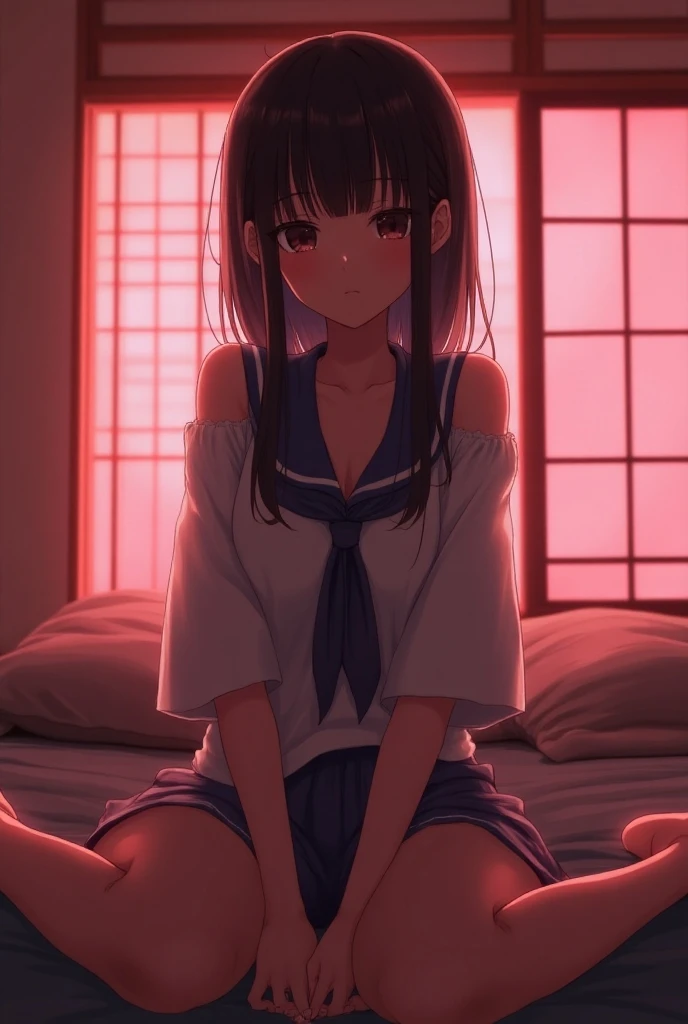 (Japanese Beautiful Middle School Girl )),((Slim figure)),Flat breasts,((Brown Hair)),(( looking at the camera with her skirt raised to her waist )),Sit with your legs apart,(( high school girl uniform)), low angle shot of a person standing facing the fron...