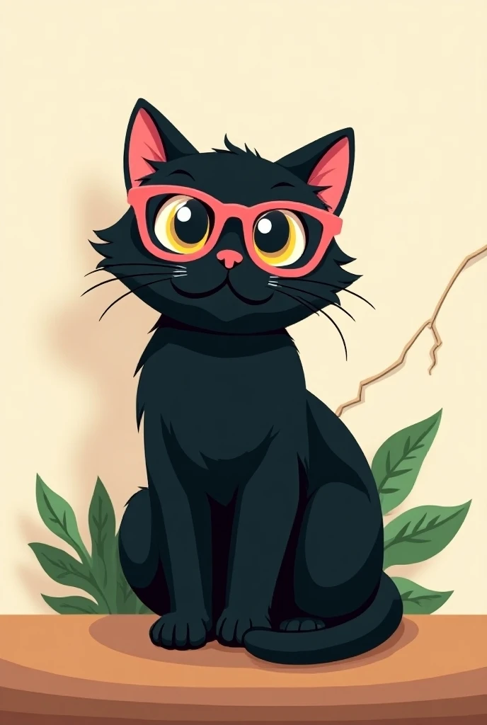 A clipart of a black cat wearing pink glasses. Vector art. The cat is sitting on a wooden table. There is a green plant behind the cat. The background is a beige wall with a crack. Isolated on a white background.
