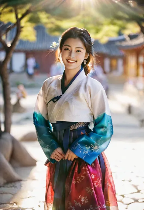 realistic photo, full body. young beautiful smiling woman wearing hanbok and traditional shoes. natural beauty, beautiful eyes, ...