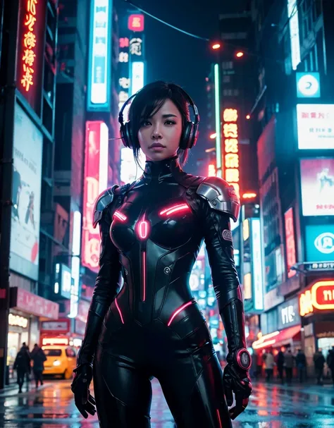 
"Create a highly detailed cyberpunk scene set in a futuristic neon-lit city at night. The character is a cybernetically enhanced human with short, messy black hair, wearing reflective high-tech goggles with glowing red lines. Their body is adorned with sl...