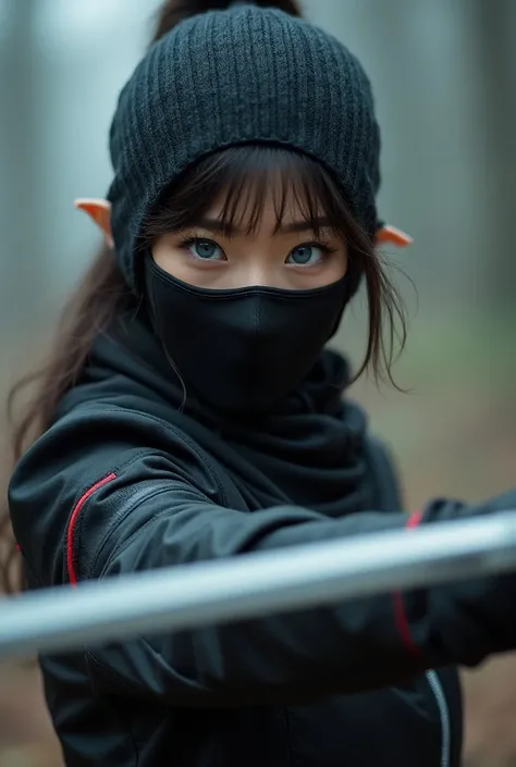 superhero, modern super hero costume, ninja, ninja costume, ninja mask on the face, With a Chinese sword, Jin sword,with a Chinese sword, Beautiful Chinese woman, 20 years old, with blue eyes, Chinese woman with bangs, courageous character, Kind, Brave, de...