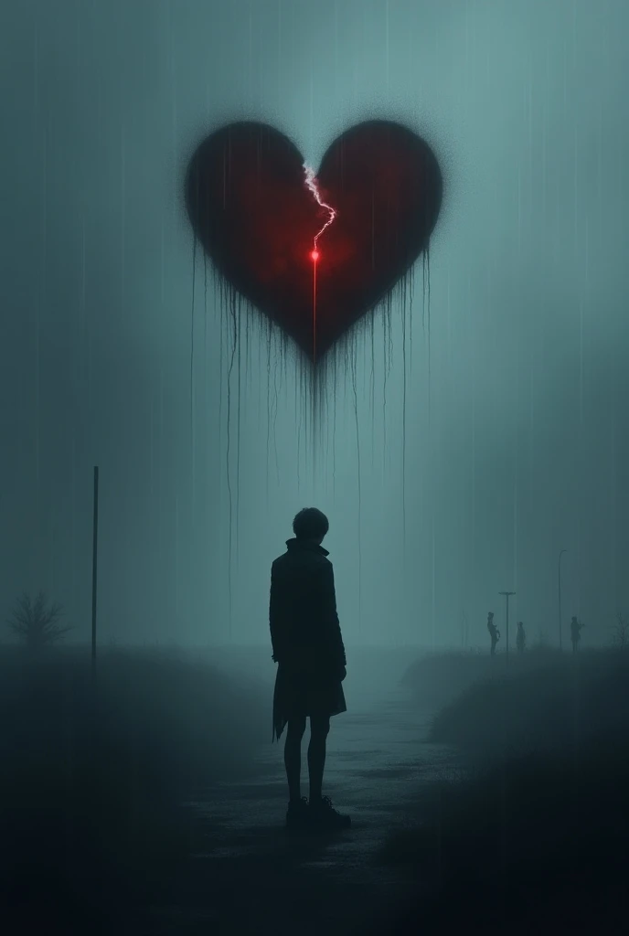  I want an image that represents disappointment and deception in relationships.  A dark landscape with a person alone in the rain ,  with shadows of other people that seem to fade ,  and a broken heart floating in the air . The environment should be cold ,...