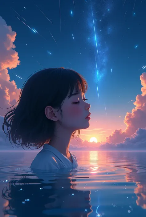 1 girl, eye, close up, beautiful night sky, meteor shower, beyond the clouds, water surrounded, reflections, wide angels, breathtaking clouds, wide angle, by makoto shinkai, thomas kinkade, james gilleard, by holosomnialandscape, hdr, volumetric lighting, ...