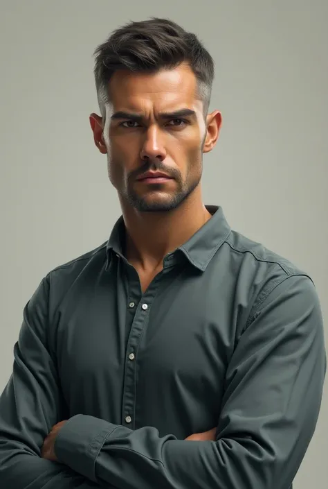 Man wearing a long sleeve senior shirt with an expression of determination, direct look, frowning brow, ultrarealistic 