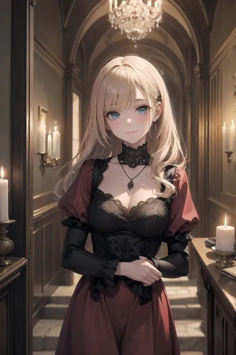 beautiful adult woman in gothic attire stops in the hallway of an old castle, stares at us, and smiles. She is wearing a crimson dress, black lace, and a small pendant around her neck. Her eyes are enchanting and a little mysterious. In the background is a...