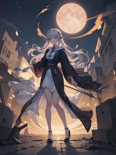 Wizard of Another World, beautiful adult woman stands on an intricate magic circle under a starry sky as an otherworldly wizard. She has long silver hair and shining blue eyes, and her elegant robes are painted with luminous patterns. One hand held high, t...