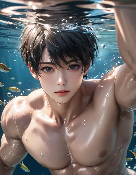 high quality, detailed, Realistic,(solo idol japanese boy), (detailed black eyes:1.2), (black short hair:1.1), (muscle:1.5), (black tiny thong), (bulge), (detailed nipples), detailed areola, under water, diving, swimming, best quality,4k,8k,highres,masterp...