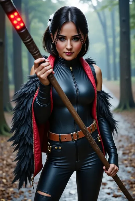  Create a full-body Valorant game-style art image , Dark skin, indigenous features,  with short, straight black hair , bangs and red highlights ,  slanted light brown eyes ,  with a feather earring and a costume similar to a diving suit and a black and red...