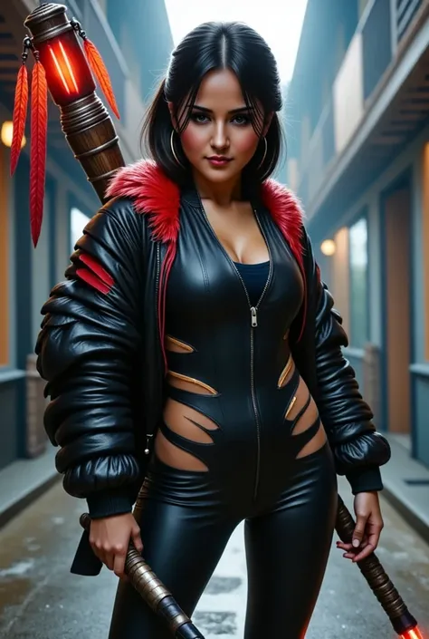  Create a full-body Valorant game-style art image , Dark skin, indigenous features,  with short, straight black hair , bangs and red highlights ,  slanted light brown eyes ,  with a feather earring and a costume similar to a diving suit and a black and red...