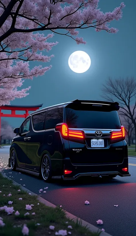 Toyota Alphard JDM style modified, close to the ground, black color , under the sakura trees in Japan, at night, the tree has shed its leaves, there is a torii gate at the back, a full moon at the back, back rear view, UHD, 