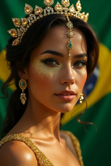  Dazzling glitter makeup on the face of a woman who has a crown on her head with many precious stones, 8k photo, in action, Cinematographic in the colors of the Brazilian flag  