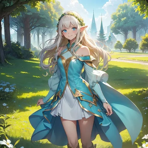 Masterpiece, HD, high resolution, best quality, high quality. High fantasy genre, Fantasy artwork.
{{(An Elf teenage princess of 160-years-old:(fair skin. Pale-golden messy long hair. Beautiful light-blue eyes. Absolute teenage. beautiful face. beautiful f...