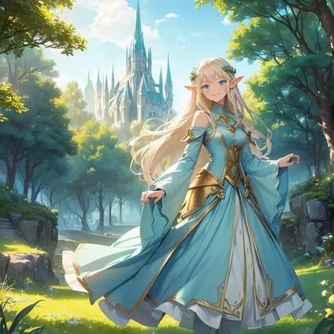 Masterpiece, HD, high resolution, best quality, high quality. High fantasy genre, Fantasy artwork.
{{(An Elf teenage princess of 160-years-old:(fair skin. Pale-golden messy long hair. Beautiful light-blue eyes. Absolute teenage. beautiful face. beautiful f...