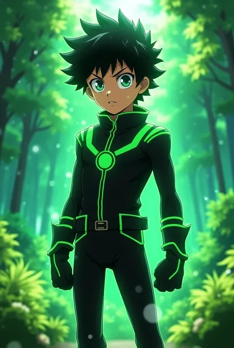 boku no hero academia style,  boy with curly black hair , shiny mint green eyes , light brown skin, Serious.  Black hero costume ,  with bright green stripes ,  a small aura surrounding his mint green body of power, background in a forest