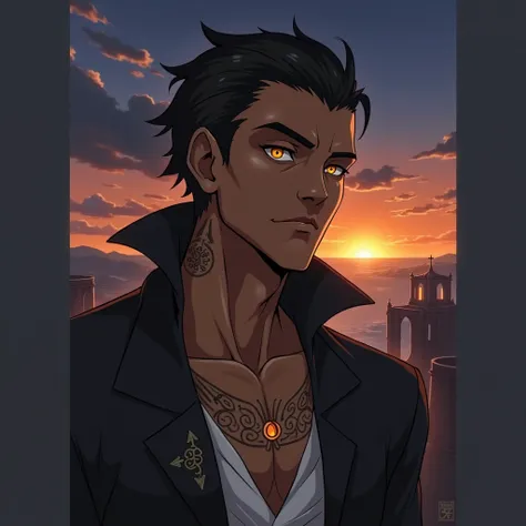 Anime dark skin male voodoo vampire with gold eyes and black hair